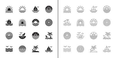 Minimalist Black and White Silhouette Set of Tropical Summer Elements and Beach Icon Pack with Coastal and Ocean Symbols in Outline and Filled Style vector