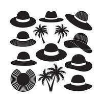 Silhouette Illustration set showing summer hats and beach palm trees in a tropical vacation style vector