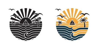 Summer Beach Sunset Line Icon Set with Palm Trees, Boat and Ocean Waves - Black and Multicolored Illustration vector