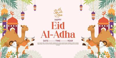 happy eid al-adha background with illustration of camel, sheep and mosque background vector