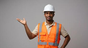 Construction Worker in Safety Gear Posing with Hand Gesture for Presentation 5 photo