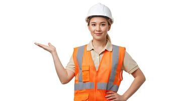 Female Construction Worker in Safety Gear Posing with Hand Gesture for Presentation 4 photo