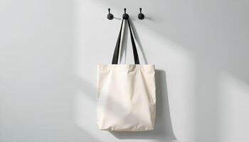 Minimalist Beige Tote Bag Hanging on Wall with Shadows for Mockup and Copy Space 1 photo