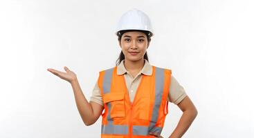 Female Construction Worker in Safety Gear Posing with Hand Gesture for Presentation 3 photo