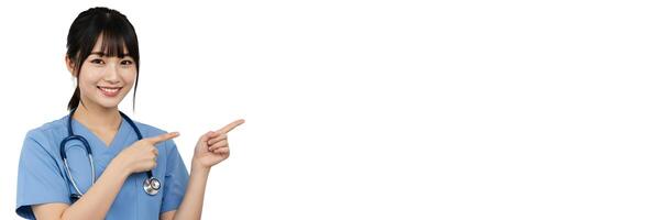 Smiling Nurse Pointing to Copy Space for Text Background 1 photo