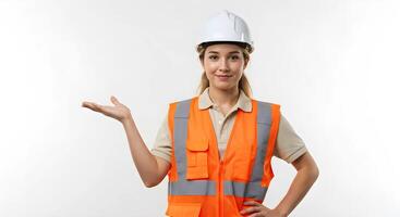 Female Construction Worker in Safety Gear Posing with Hand Gesture for Presentation 1 photo