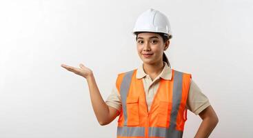 Female Construction Worker in Safety Gear Posing with Hand Gesture for Presentation 2 photo