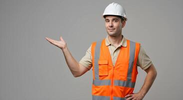 Construction Worker in Safety Gear Posing with Hand Gesture for Presentation 1 photo