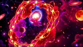Red energy swirling around a wormhole opening in deep space, surrounded by planets and nebulae video