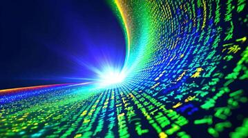 Digital tunnel illuminated with vibrant light streaming through matrix-style code, representing technological innovation and data communication flow video