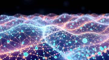 Glowing particles form an abstract wave network, creating a dynamic and visually captivating animation video