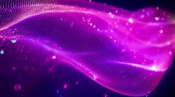 Vibrant pink and purple particles generating dynamic wave motion, flowing smoothly across dark background in mesmerizing digital animation video