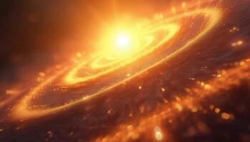 Galactic core pulsating, emitting luminous orange energy particles against cosmic backdrop, revealing intricate evolutionary formation dynamics in deep space video