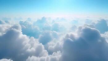 Sunlight illuminates a vast expanse of fluffy white clouds from above, creating a serene and beautiful aerial view video