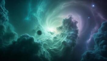 Vibrant green and purple nebula clouds gracefully swirling around planetary surface, revealing mesmerizing cosmic landscape in deep space environment with ethereal motion and astronomical depth video