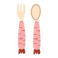 Cute baby fork and spoon set shaped like carrots. Fun design for baby-led weaning and first feeding. Colorful and playful flat hand drawn illustration. vector