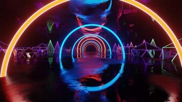 Tunnel with neon semicircles and a reflective floor and many neon figures. Loop animation video