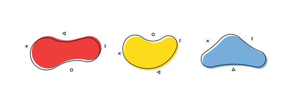 flat abstract liquid shapes with outline and decorative symbols. colorful modern blobs vector