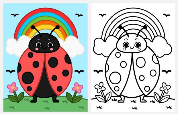 Cute cartoon ladybug and rainbow coloring page for kids, spring coloring page for kids