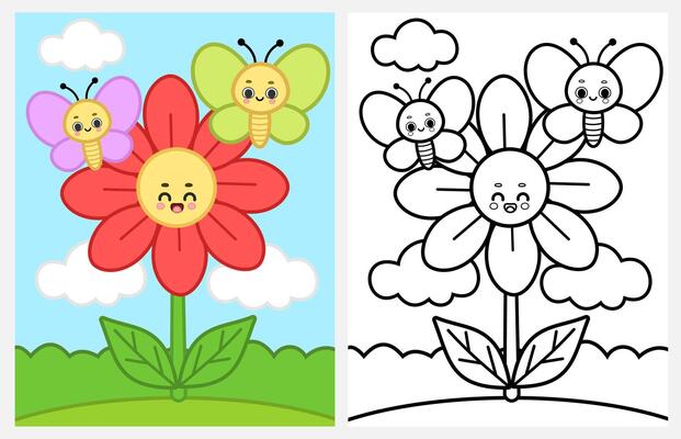 Cute cartoon flower and butterflies coloring page for kids, spring coloring page for kids