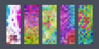 Colorful pixel art-style abstract banners with vibrant mosaic patterns. Each vertical panel features a unique blend of vivid, blocky colors on a dark background. vector