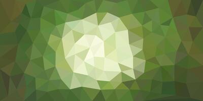 Abstract green and white low poly background featuring a central light shape surrounded by various shades of green triangles, creating a geometric, modern art style. vector
