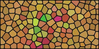 A vibrant mosaic of irregular polygonal tiles in earthy oranges, yellows, reds, and touches of green and pink, outlined by dark grout lines. vector