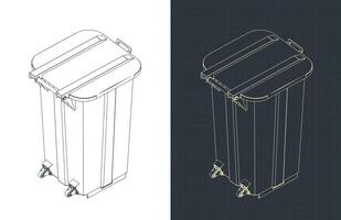 Two-wheeled trash can isometric blueprints vector
