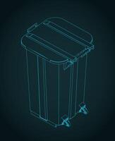 Two-wheeled trash can isometric blueprint vector