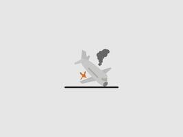 a light gray cartoon airplane that has crashed and is tilted downwards on a black ground line vector