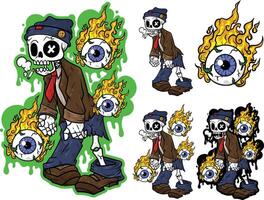 Cartoon illustration of zombies in the form of skulls and fireballs vector