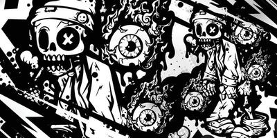 Black and white abstract background with Zombie objects and fire eyes vector