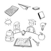 Collection of back to school element illustrations with simple line art style. vector
