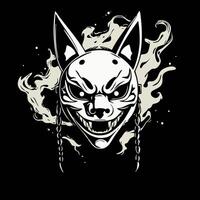 Kitsune Mask Face floating with smoke trails, dots and fine ink vector