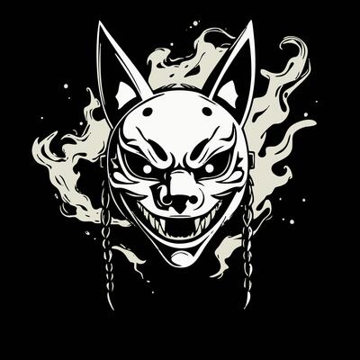 Kitsune Mask Face floating with smoke trails, dots and fine ink