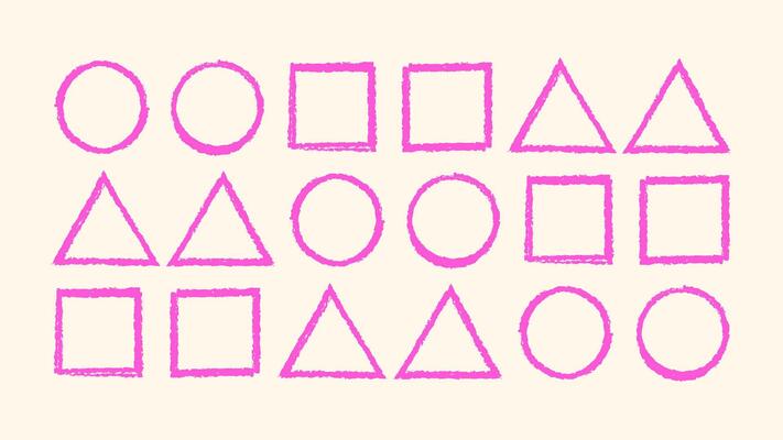 Messy scribble triangle, square and circle borders. Crayon hand sketch lines in children style. Doodle grunge brush stroke frames. Colorful shape pack. drawing
