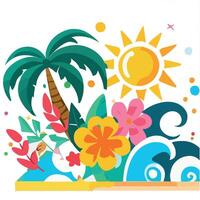 Tropical flowers and palm trees in the ocean vector