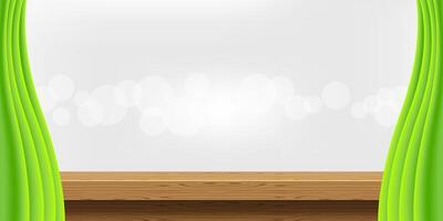 empty wood table and luxury green curtains for advertise product display, wooden top table decoration with curtains, wood plank board space for banner copy space text, tabletop front for banner vector