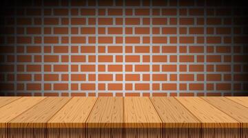 empty wood table, retro wall brick for copy space, counter wood table on rustic wall brick, wooden table for display mockup, wood tabletop desk for shelf place product, wooden plank of kitchen counter vector