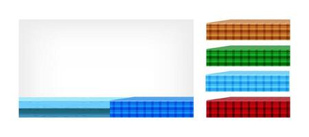 blue wood table and collection tablecloth for design edit, front view copy space, empty plank top and tablecloth, checkered cloth on wood plank for background, tablecloth on tabletop, fabric on table vector