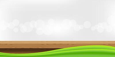 wood table front view and green graphic on bokeh soft grey, blank table top wooden for decoration room, wood plank for background, wooden board on grey wall, tabletop montage for copy space vector