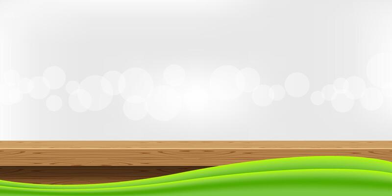 wood table front view and green graphic on bokeh soft grey, blank table top wooden for decoration room, wood plank for background, wooden board on grey wall, tabletop montage for copy space
