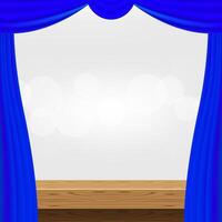 empty wood table and luxury blue curtains for advertise product display, wooden top table decoration with curtain, wood plank board space for banner copy space text, tabletop front view vector