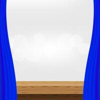 empty wood table and luxury blue curtains for advertise product display, wooden top table decoration with curtain, wood plank board space for banner copy space text, tabletop in front view vector