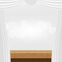 tabletop front view and luxury grey curtain for advertise product display, wooden top table decoration with curtain white, wood plank board space for banner copy space, empty wood table for banner ad vector