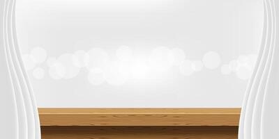 tabletop front view and luxury grey curtains for advertise product display, wooden top table decoration with curtain white, wood plank board space for banner copy space, empty wood table for banner vector