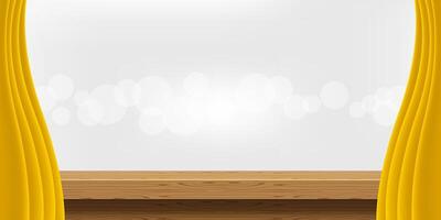 wood table and luxury yellow gold curtains for advertise product display, wooden top table decoration with curtain, wood plank board space for banner copy space text, tabletop front view vector