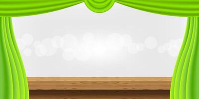 empty wood table and luxury green curtains for advertise product display, wooden top table decoration with curtains, wood plank board space for banner copy space text, tabletop front for banner ad vector
