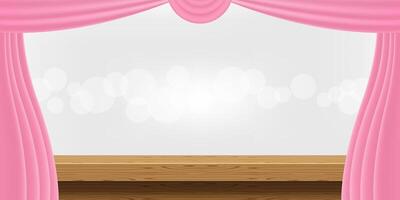 empty wood table and luxury pink curtains for advertise product display, wooden top table decoration with curtain, wood plank board space for banner copy space text, tabletop front view for banner ad vector