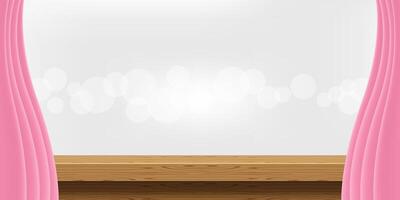 empty wood table and luxury pink curtains for advertise product display, wooden top table decoration with curtain, wood plank board space for banner copy space text, tabletop front view vector